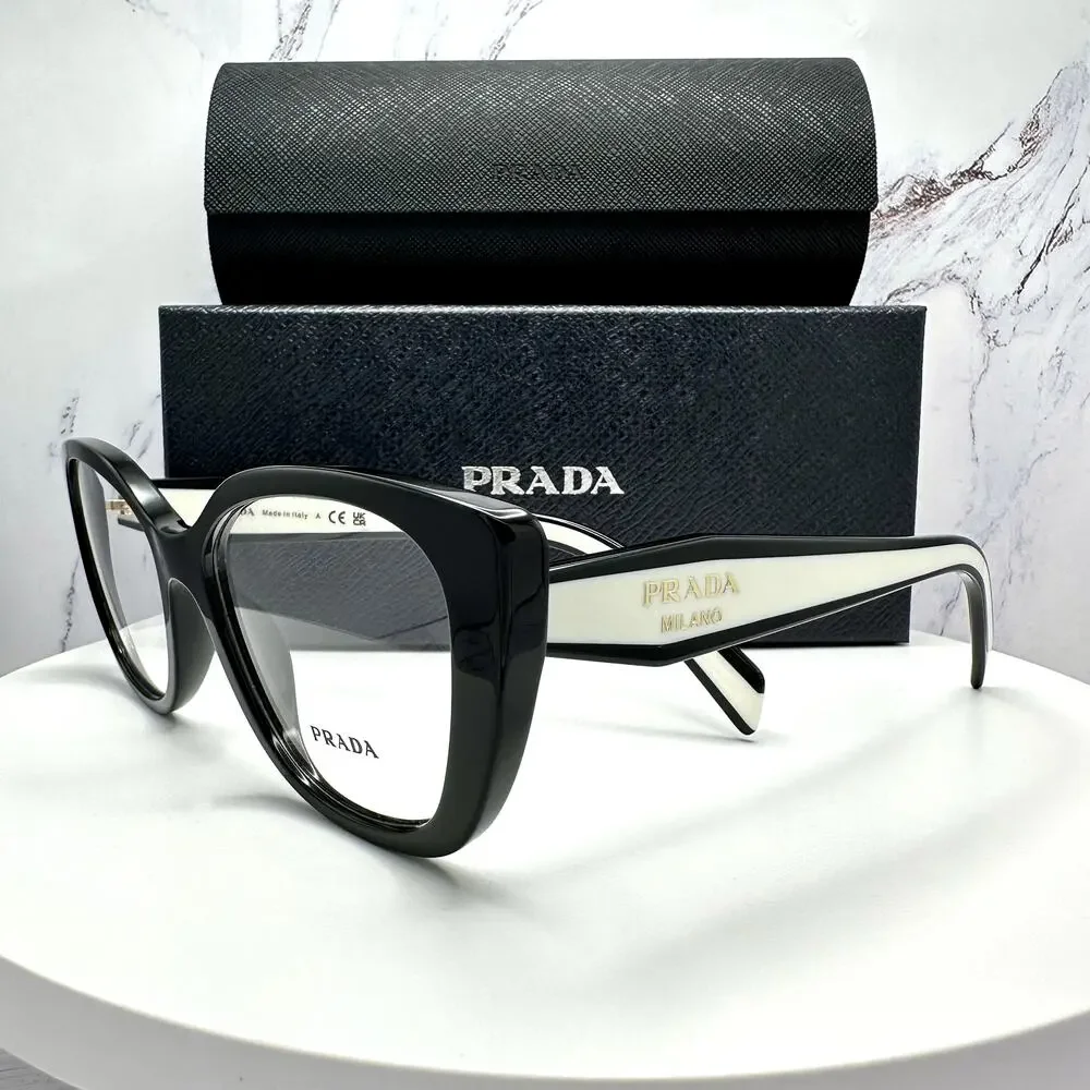 New PRADA Eyeglasses Cat Eye Black White Gold 53-17-140 Womens